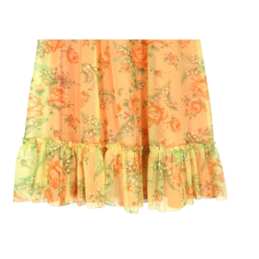 VTG Lined CHIFFON Orange/Yellow FLORAL Party CAPELET DRESS Bust-31